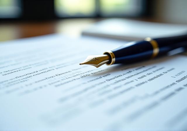 Close up of a luxury fountain pen on a legal document in a professional office