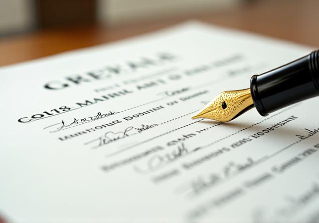 Close-up of legal documents and fountain pen