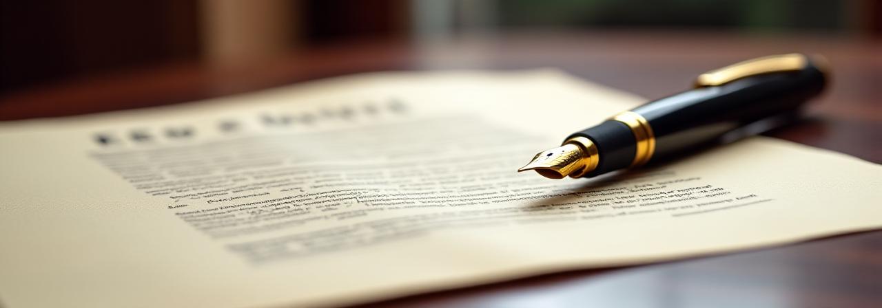 Close-up of a legal contract with a classic fountain pen on a mahogany desk