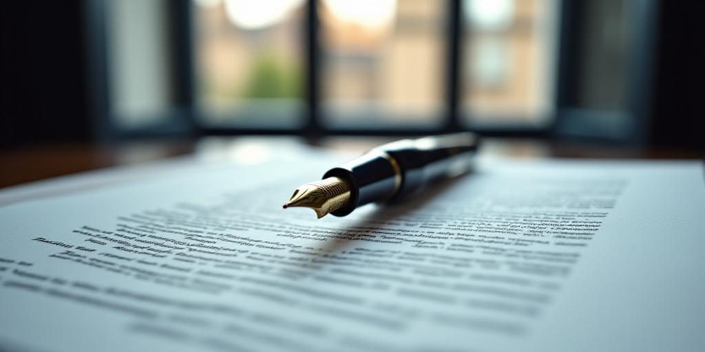 Close-up of a high-quality fountain pen resting on a signed legal document with traditional English architecture in the background