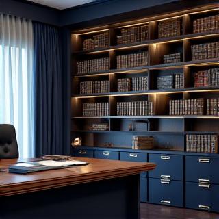 A meticulous law office interior in London with dark wood shelving and ironclad security files